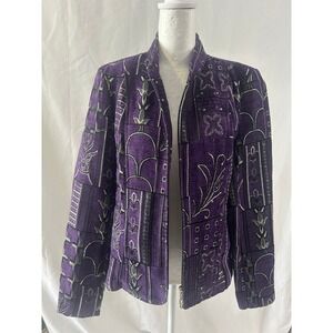 Dressbarn Womens Purple Tapestry Zip Up Jacket Metallic Fleur De Lis Small